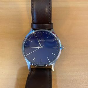 Men’s MVMT dark brown leather band, blue face